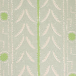 Patterned wallpaper with cream and green stripe design on a light blue background
