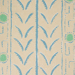 Patterned wallpaper with blue and green stripe design on a beige background