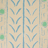 Patterned wallpaper with blue and green stripe design on a beige background