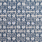 Fabric in a repeating damask print in white and blue on a navy field.