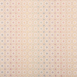 Broadloom carpet in a dense circle lattice with small floral accents in a ombré of rainbow pastels on a cream field.