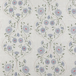 Detail of fabric in a floral lattice print in blue, red and green on a cream field.