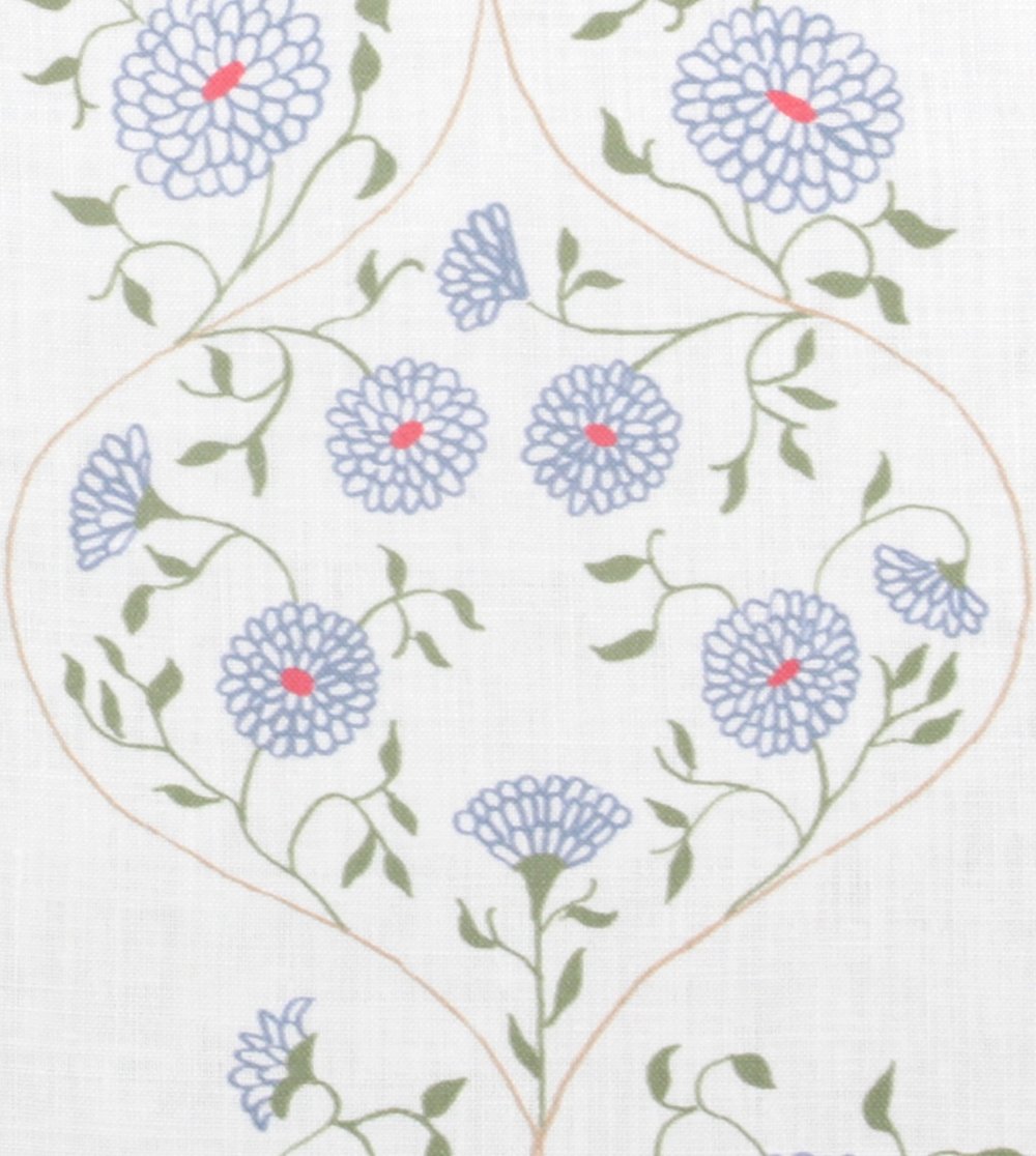Detail of fabric in a ffloral lattice print in blue, red and green on a cream field.