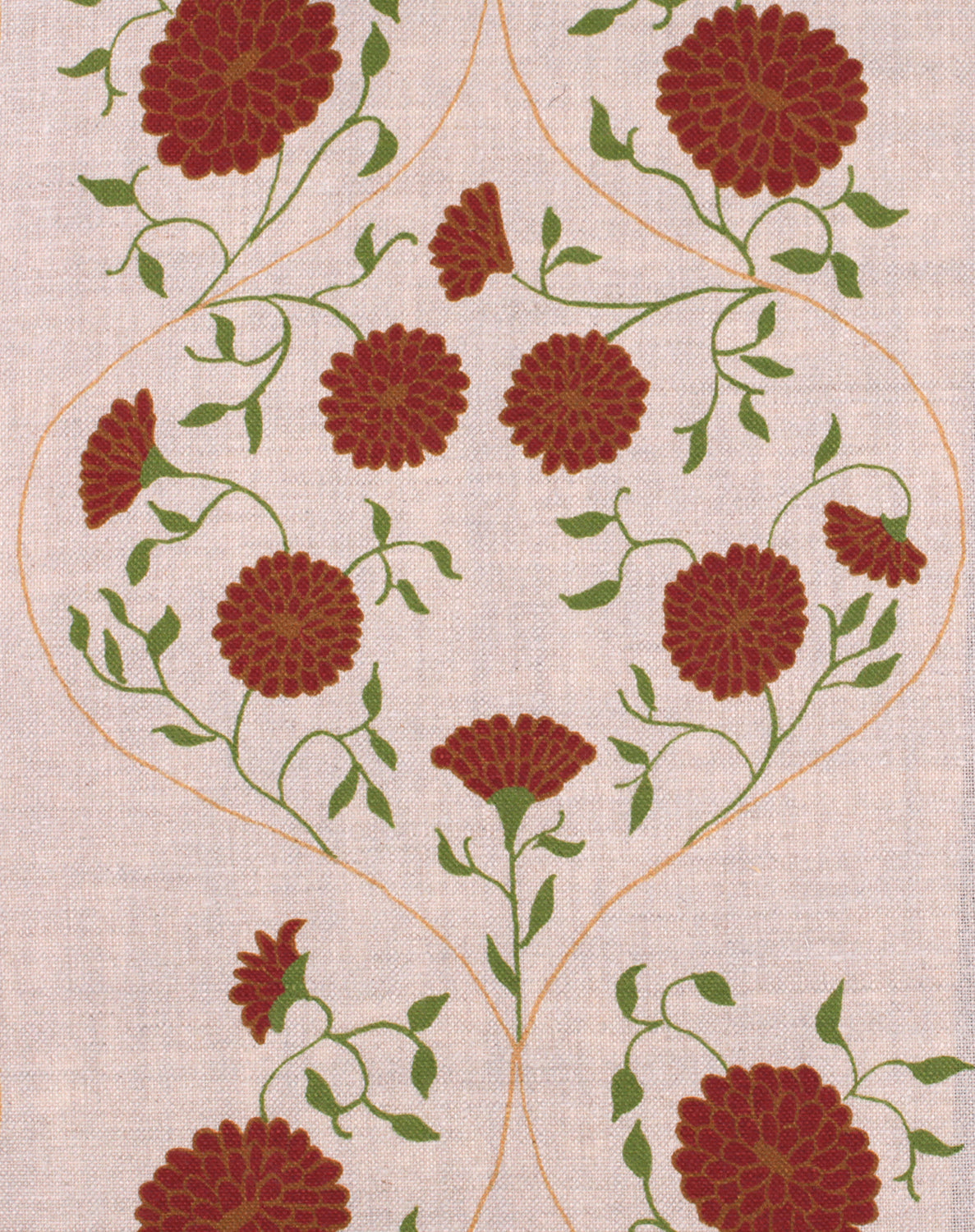 Detail of fabric in a floral lattice print in red, orange and green on a tan field.
