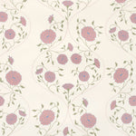 Detail of wallpaper in a floral lattice print in pink, purple and green on a cream field.