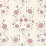 Detail of wallpaper in a floral lattice print in pink, purple and green on a cream field.