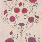 Detail of fabric in a floral lattice print in pink, blue and green on a tan field.
