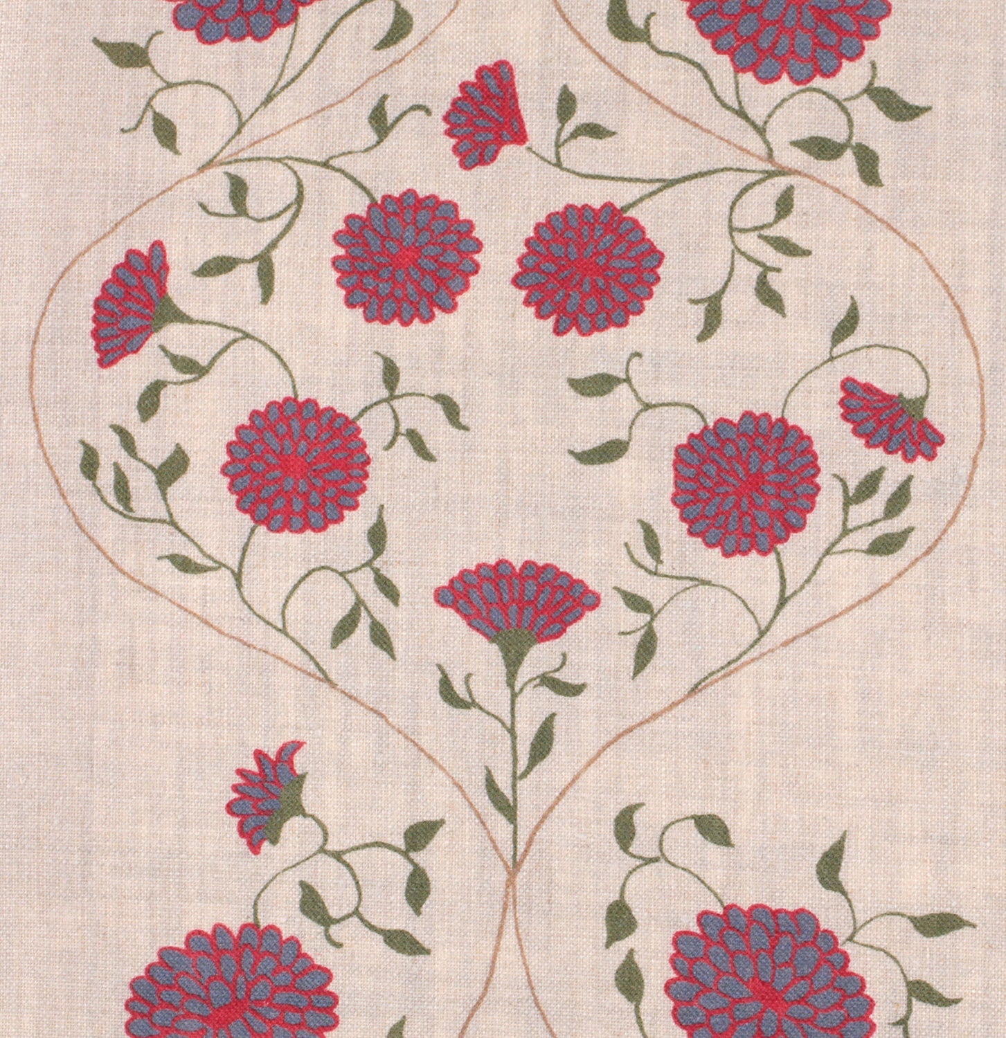 Detail of fabric in a floral lattice print in pink, blue and green on a tan field.