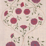 Detail of fabric in a floral lattice print in pink, blue and green on a tan field.