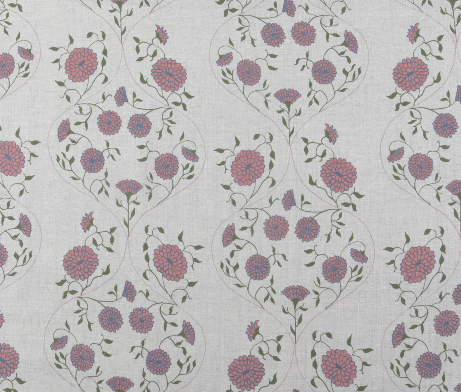 Detail of fabric in a floral lattice print in pink, purple and green on a tan field.