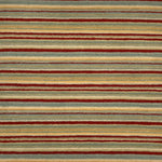 Handknotted wool rug with thin stripes in red, yellow, cream, sage green and grey. 