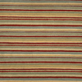 Handknotted wool rug with thin stripes in red, yellow, cream, sage green and grey. 