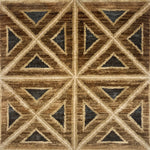 Handknotted rug sample geometric pattern featuring intersecting diagonal lines and triangles in shades of brown, beige, and charcoal gray.