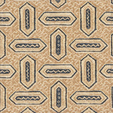 Detail of fabric in a dense geometric print in shades of navy and tan on a cream field.