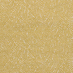 Detail of fabric in a scrolling stem and leaf print in mustard on a cream field.