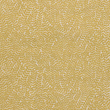 Detail of fabric in a scrolling stem and leaf print in mustard on a cream field.