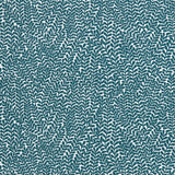Detail of fabric in a scrolling stem and leaf print in turquoise on a white field.
