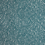 Detail of wallpaper in a scrolling stem and leaf print in turquoise on a white field.