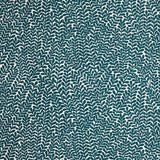 Detail of wallpaper in a scrolling stem and leaf print in turquoise on a white field.