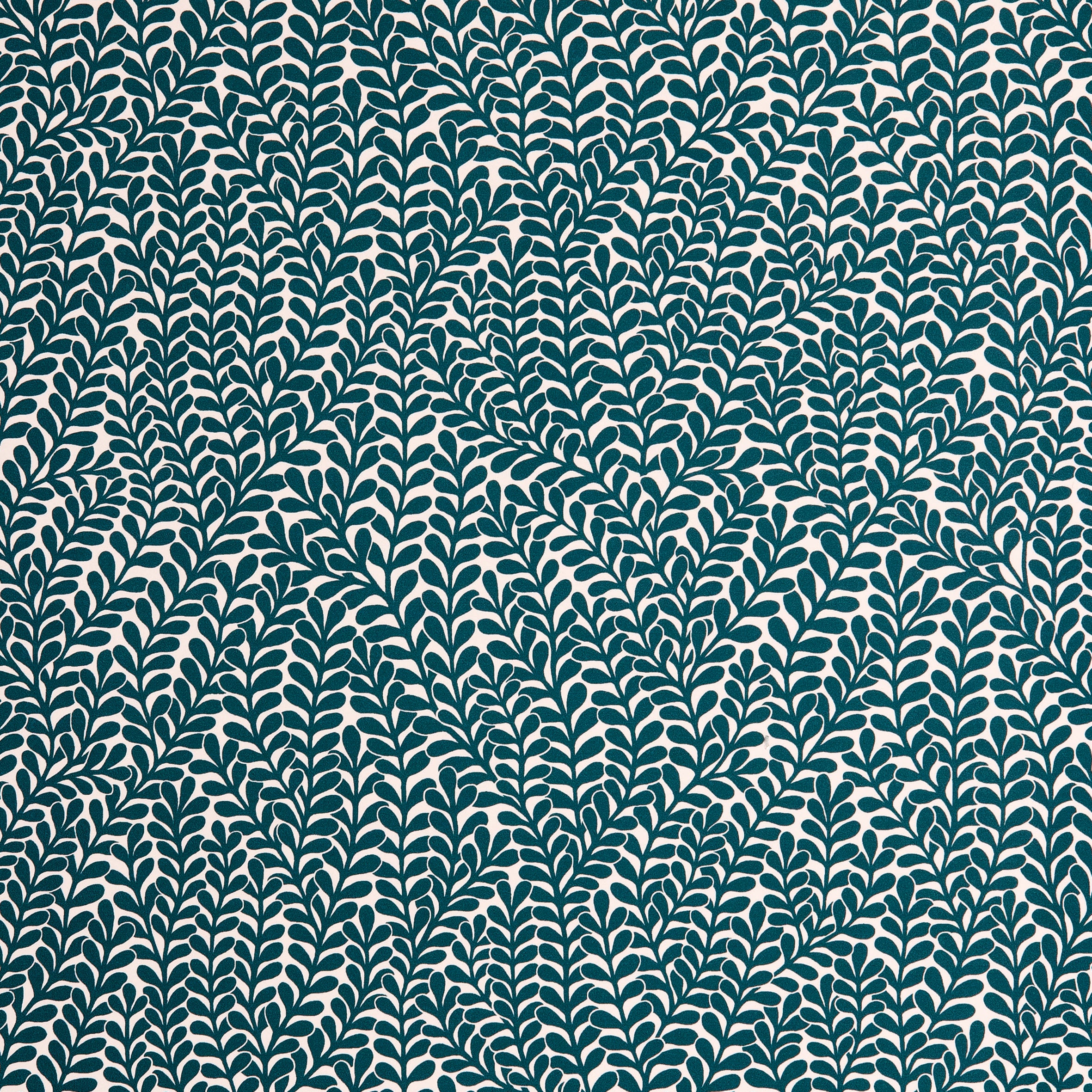 Detail of wallpaper in a scrolling stem and leaf print in turquoise on a white field.