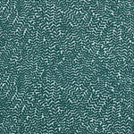 Detail of fabric in a scrolling stem and leaf print in dark turquoise on a white field.