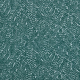 Detail of fabric in a scrolling stem and leaf print in dark turquoise on a white field.