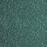 Detail of wallpaper in a scrolling stem and leaf print in dark green on a light blue field.