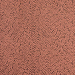 Detail of wallpaper in a scrolling stem and leaf print in coral on a maroon field.