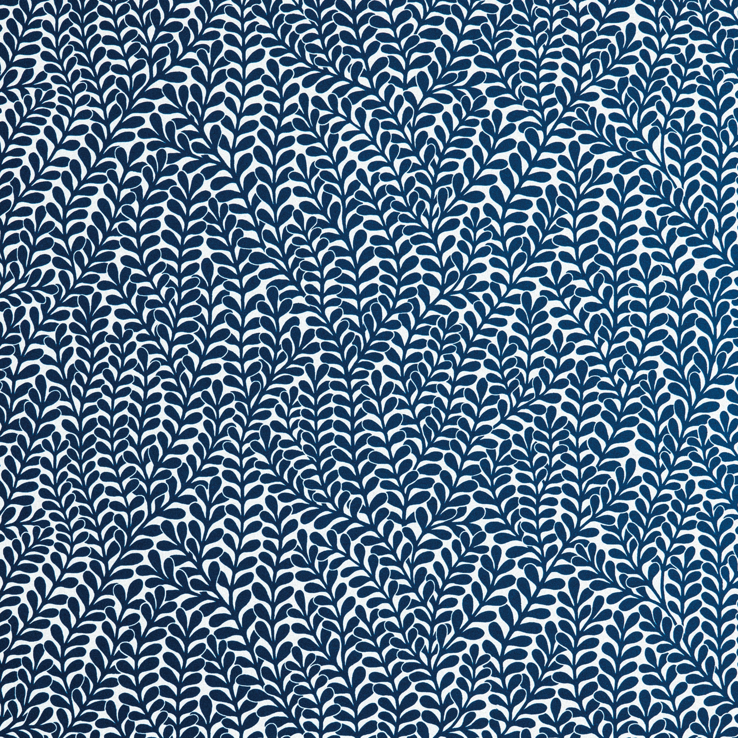 Detail of wallpaper in a scrolling stem and leaf print in navy on a white field.