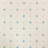 Detail of wallpaper in a bordered teardrop print in blue on a cream field.
