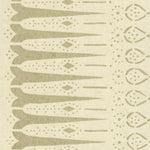 Detail of wallpaper in a bordered teardrop print in tan on a cream field.