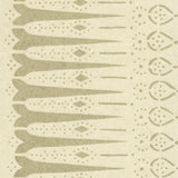 Detail of wallpaper in a bordered teardrop print in tan on a cream field.