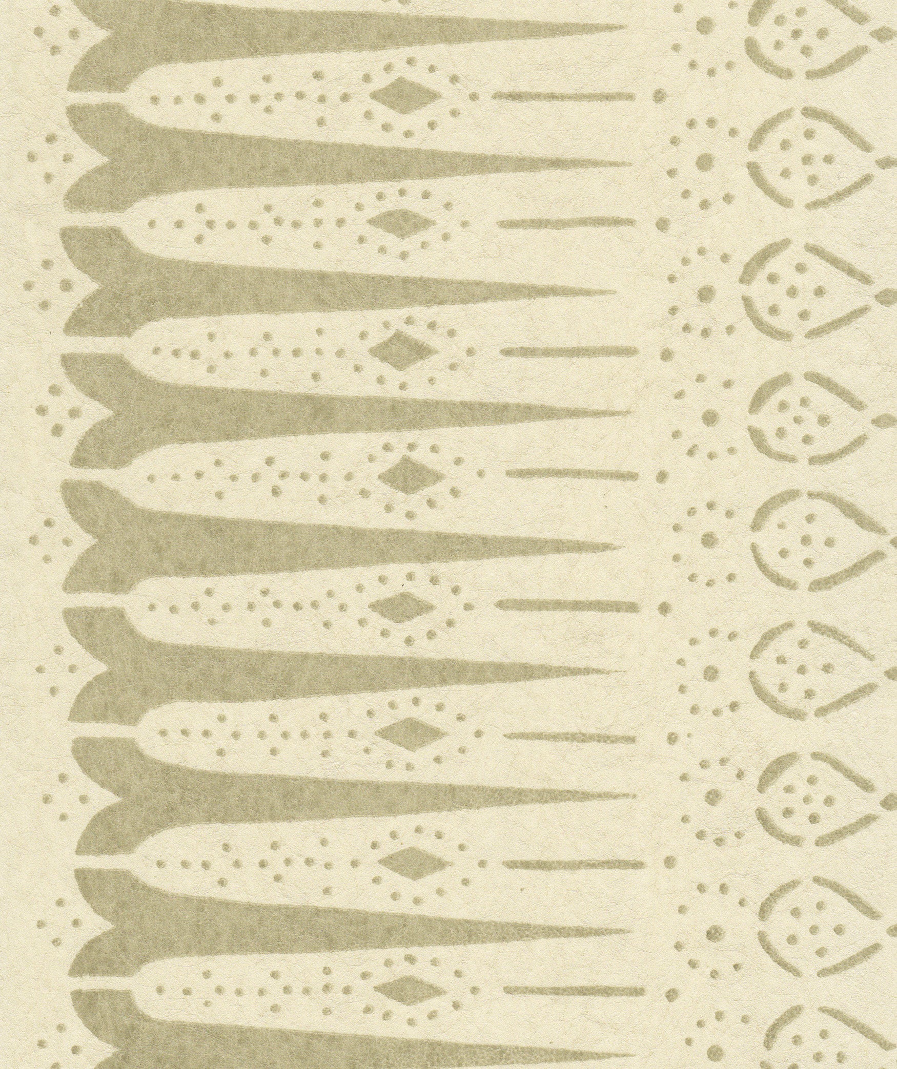 Detail of wallpaper in a bordered teardrop print in tan on a cream field.