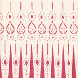 Detail of wallpaper in a bordered teardrop print in dark pink on a cream field.
