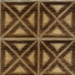 A rug woven in a repeating diamond and square pattern in brown, tan and beige.