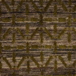 Handknotted rug with olive green linear design on a heather brown field. 