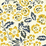 Detail of fabric in a floral print in mottled navy and yellow on a cream field.