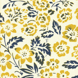 Detail of fabric in a floral print in mottled navy and yellow on a cream field.