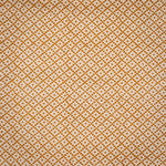 Detail of fabric in a diamond lattice print in orange on a cream field.