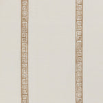 Detail of a linen fabric in a minimal geometric linear pattern in gold on a cream field.