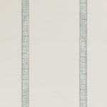 Detail of a linen fabric in a minimal geometric linear pattern in dusty blue on a cream field.
