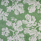Detail of wallpaper in a playful botanical print in light green and white on a green field.