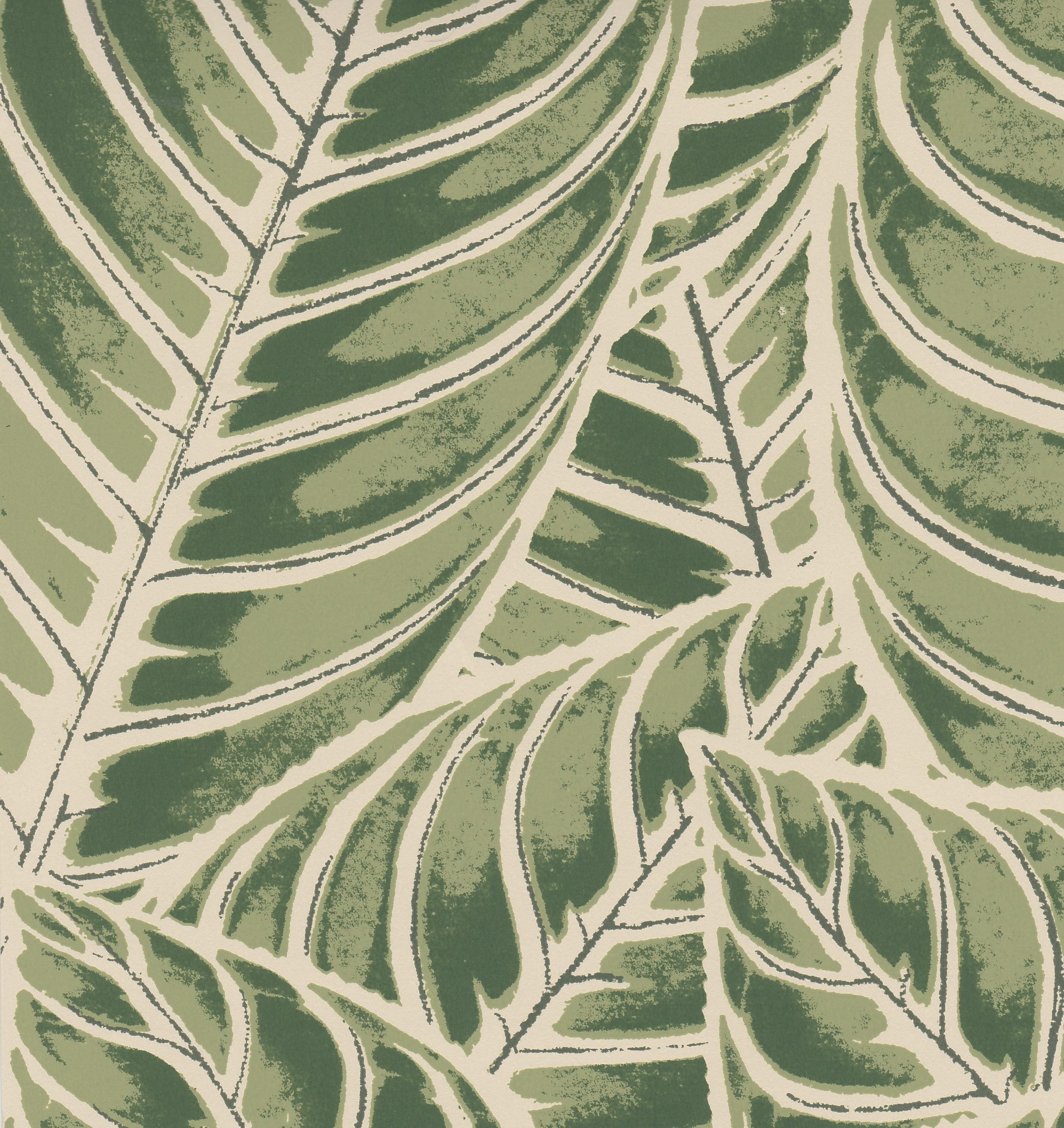 Detail of wallpaper in a large-scale leaf print in shades of green on a tan field.