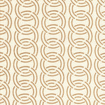 Detail of fabric in an interlocking circular pattern in brown on a cream field.