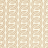 Detail of fabric in an interlocking circular pattern in brown on a cream field.