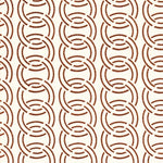 Detail of fabric in an interlocking circular pattern in brown on a cream field.