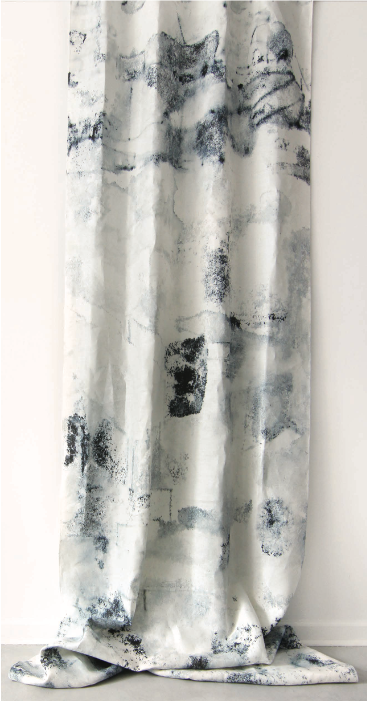 White curtain with black abstract pattern on a white background