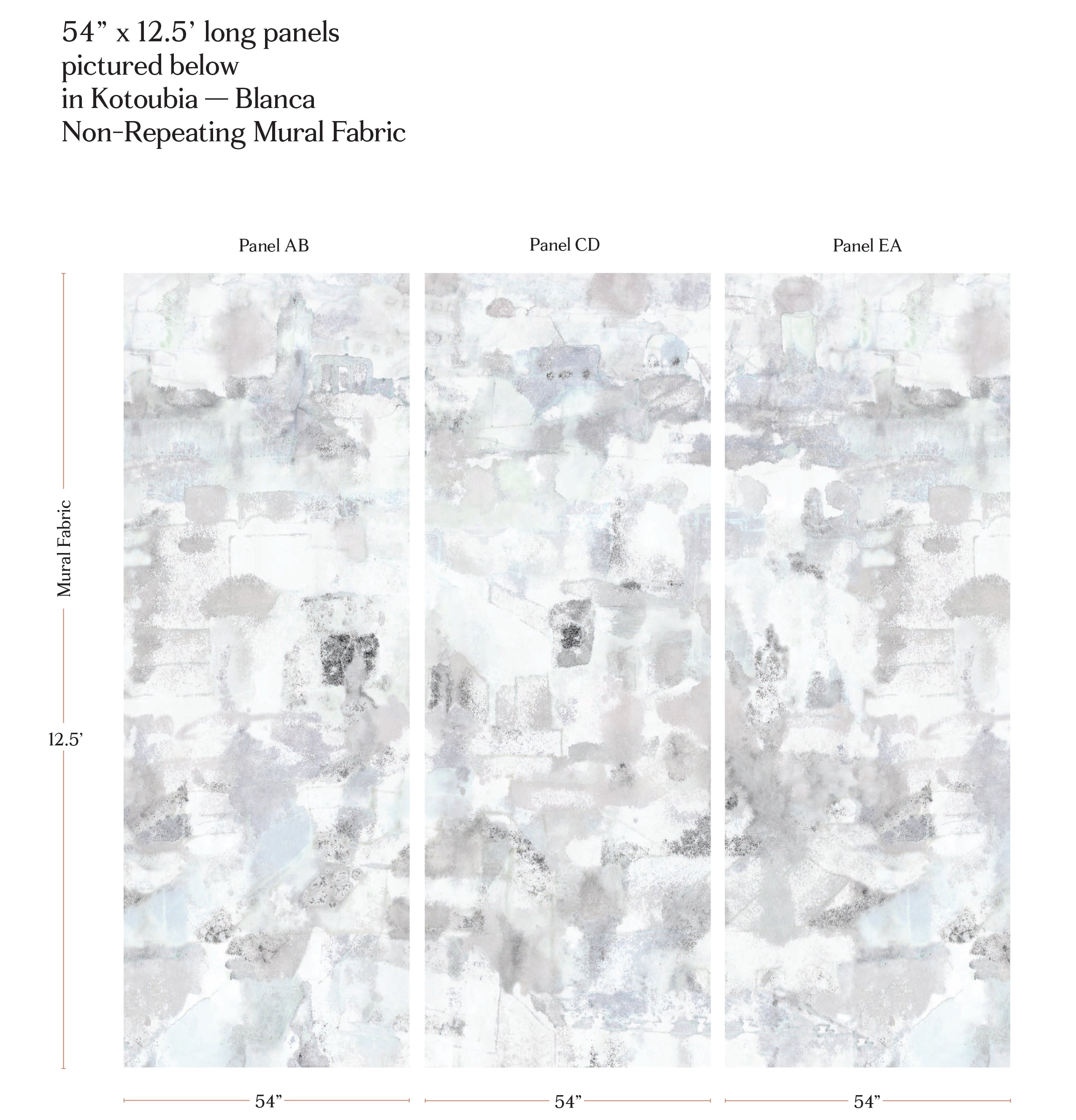 Kotoubia Blanca non-repeating mural fabric panels with dimensions and pattern details.