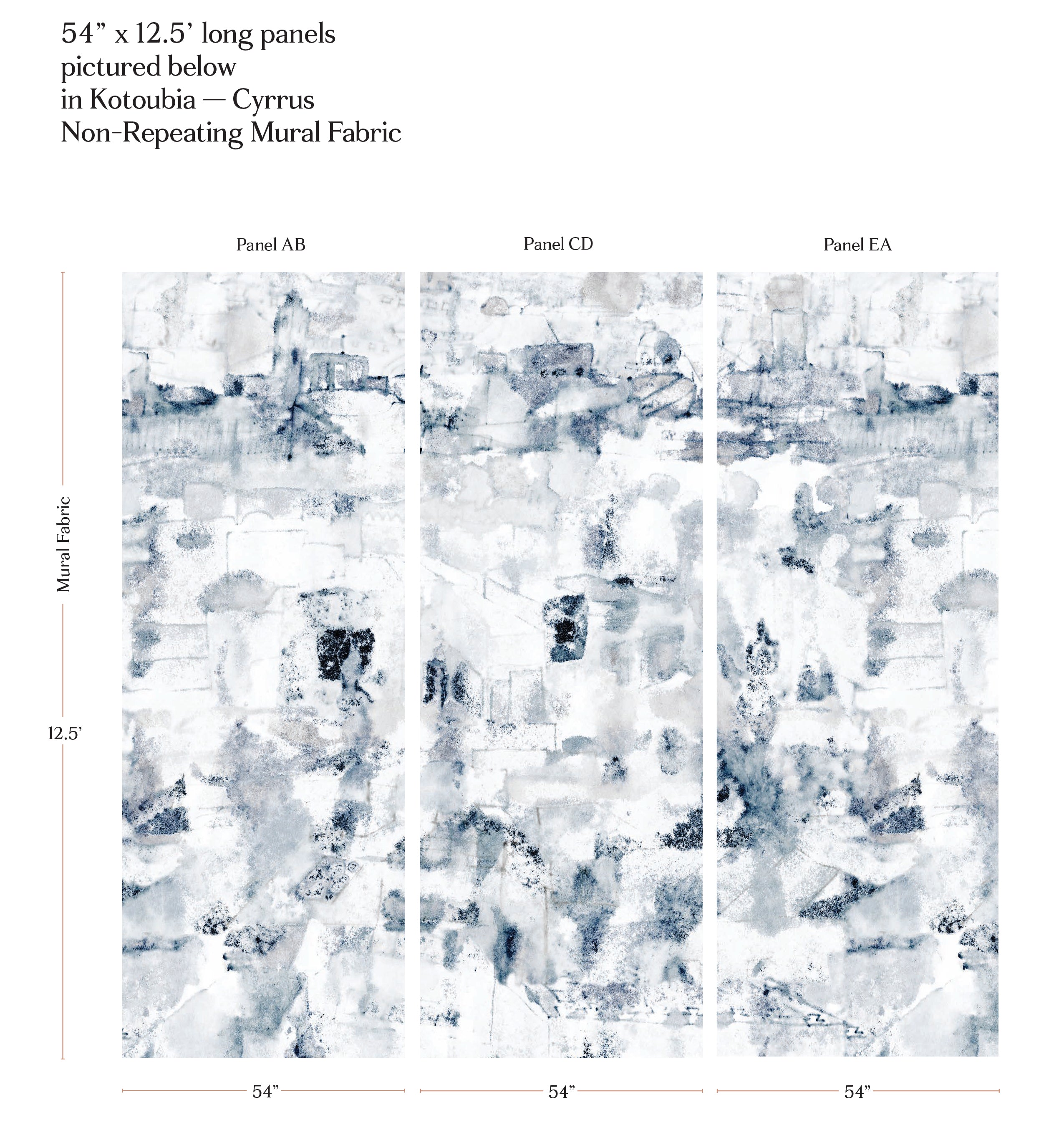 Kotoubia-Cyrrus non-repeating mural fabric panels with measurements