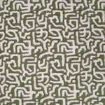 Fabric in an abstract meandering shape print in white and purple on an olive field.